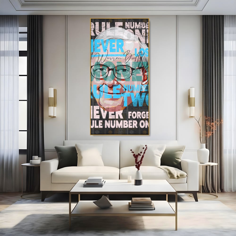 Tablou canvas cu tablou canvas cu portretul stilizat al lui warren buffett, in rama de aluminiu auriu, pe perete intr-un living